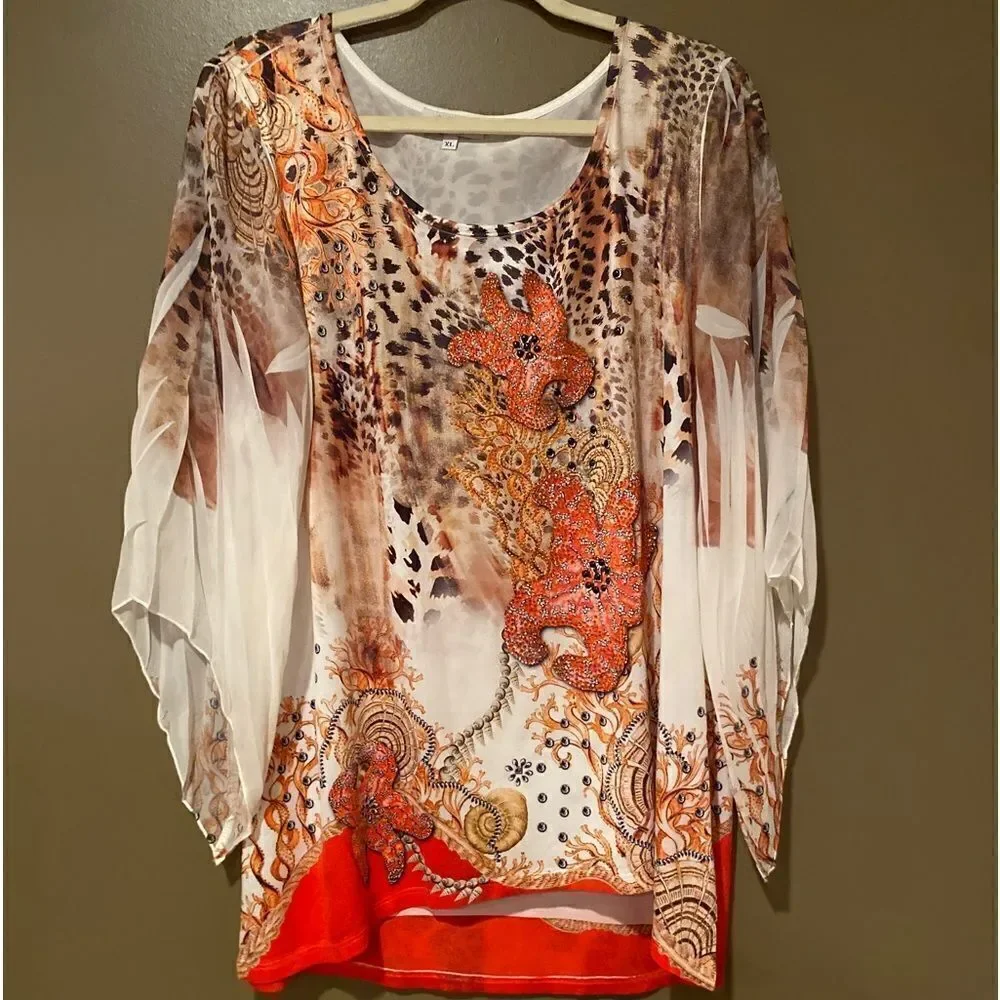 Cover Charge Beaded Colorful Blouse Bell Sleeve Shirt Size XL - Picture 2 of 8